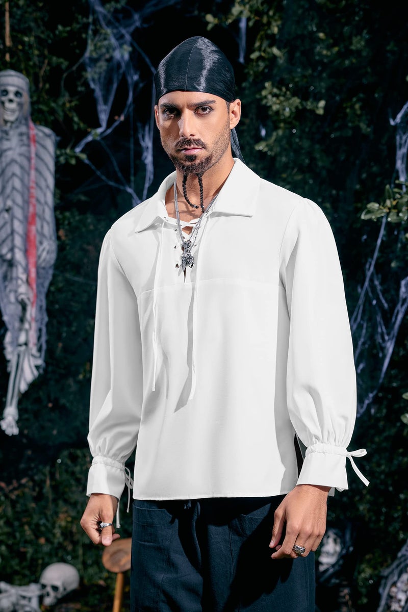 Runcati Mens Medieval Pirate Shirt Viking Renaissance Lace up Mercenary Halloween Scottish Jacobite Ghillie Tops - Image 2